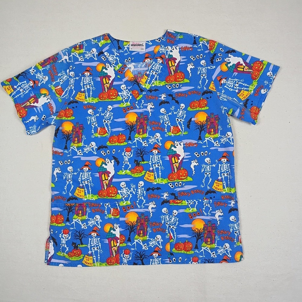 Jasco Uniform Halloween Scrub Top Blue Skeletons Haunted House Pumpkins Medium
